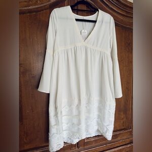 Made With Love White Ruffle & Lace Lightweight Bell Sleeves V-Neck Dress Sm NWT